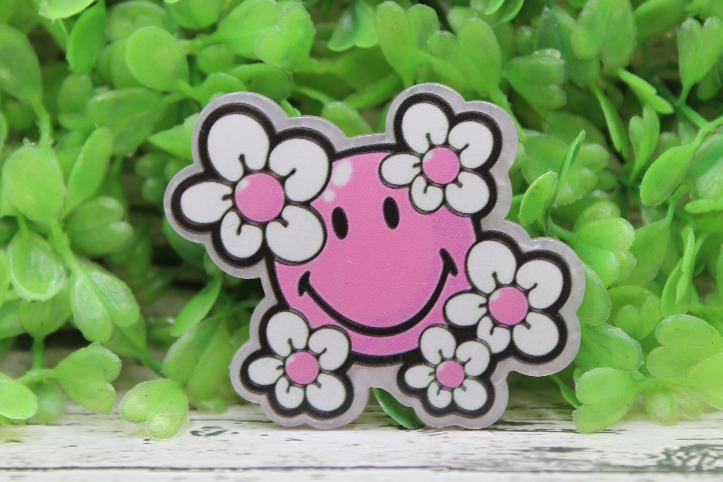 Purple Smiley with Flowers Badge Reel