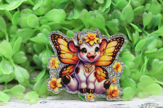Cute Butterfly Cow and Flowers Badge Reel