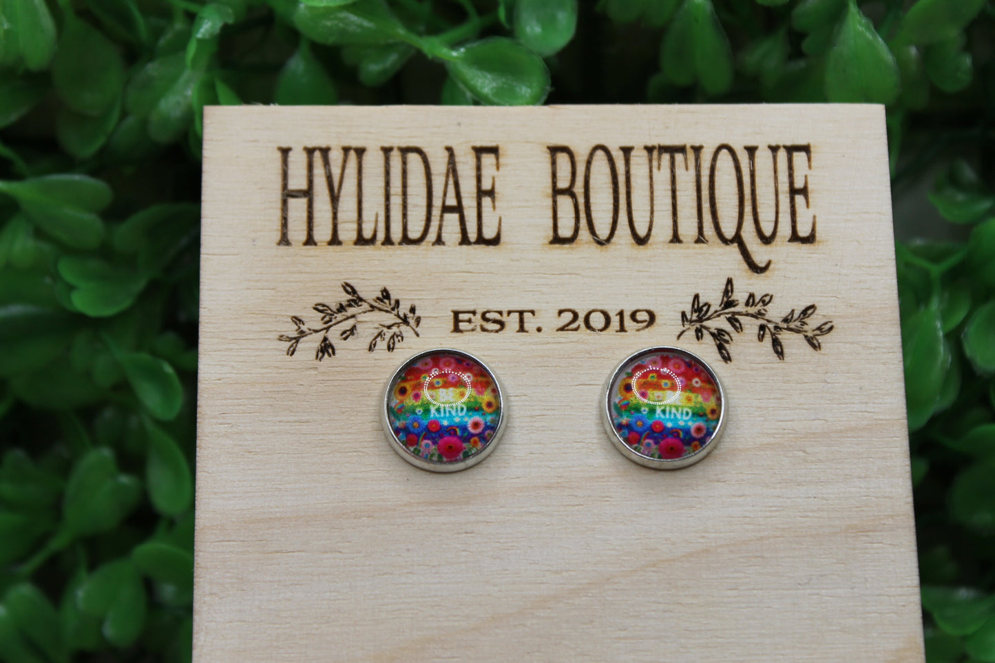 Be Kind on Floral and Rainbow 12mm Glass Stud Earrings