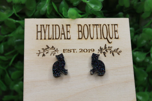 Black Glitter Cat Stud Earrings