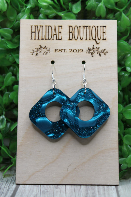 Blue Ocean Swirl Square Dangle Earrings