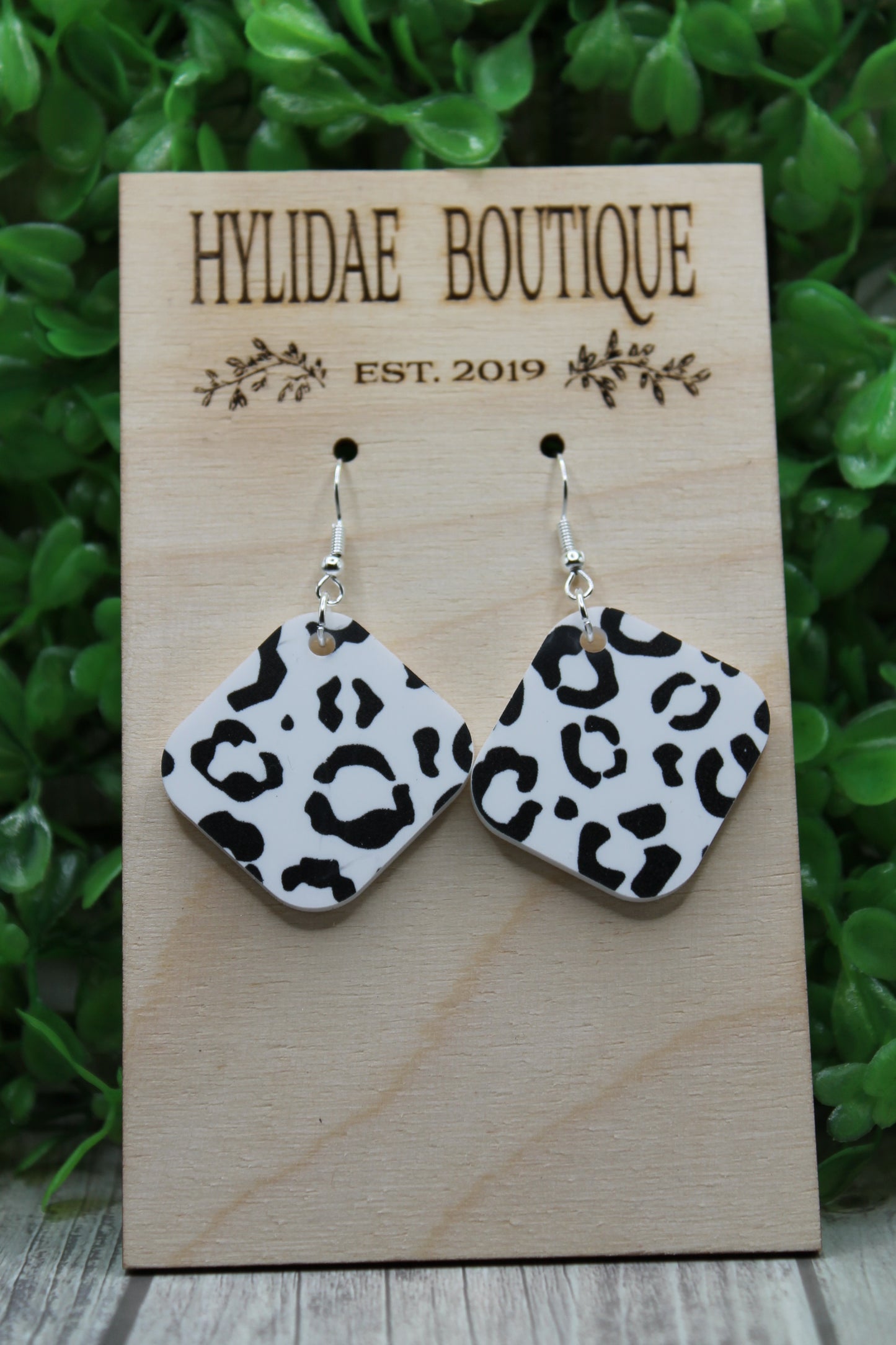 White Leopard Square Dangle Earrings