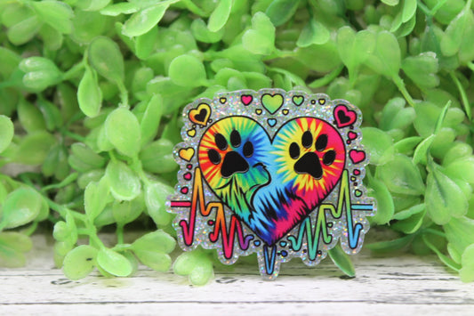 Paw Print Tie Dye Heart Beat on Silver Badge Reel