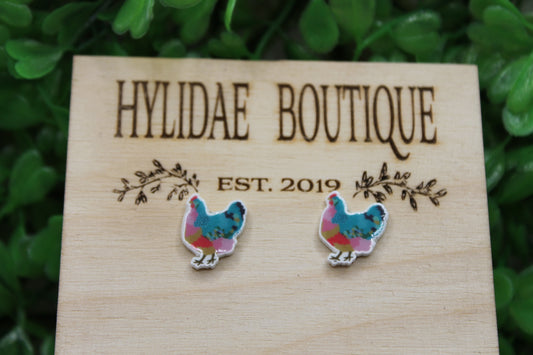 Blue-Orange Chicken/Hen Stud Earrings