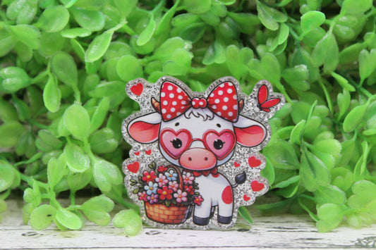 Cow with Heart Glasses and Flower Basket Badge Reel