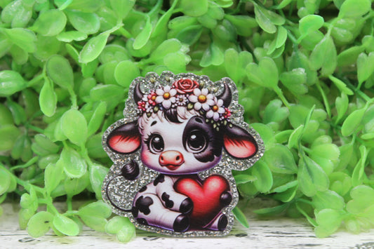Floral Crown Cow with Red Heart Badge Reel