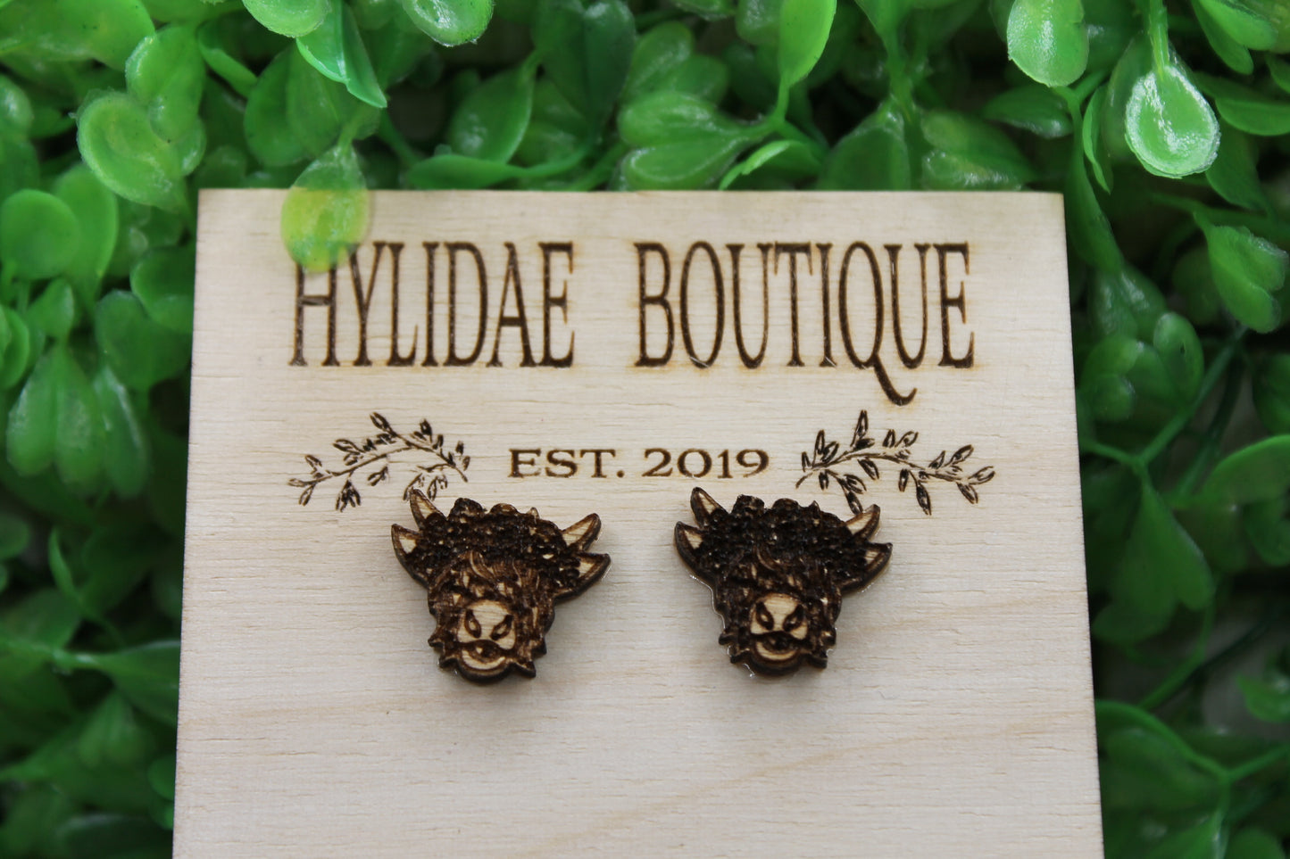 Highland Cow with Floral Crown Stud Earrings {Engraved}