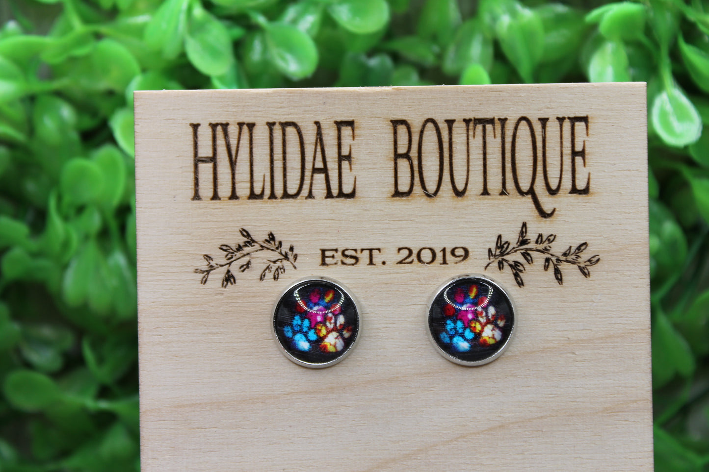 Paw Prints Stained Glass Black 12mm Glass Stud Earrings || Hypoallergenic