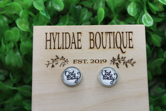 Cat Lady 12mm Glass Stud Earrings || Hypoallergenic