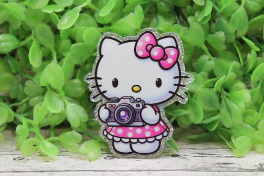 Camera Cat in Pink Polka Dot Dress Badge Reel