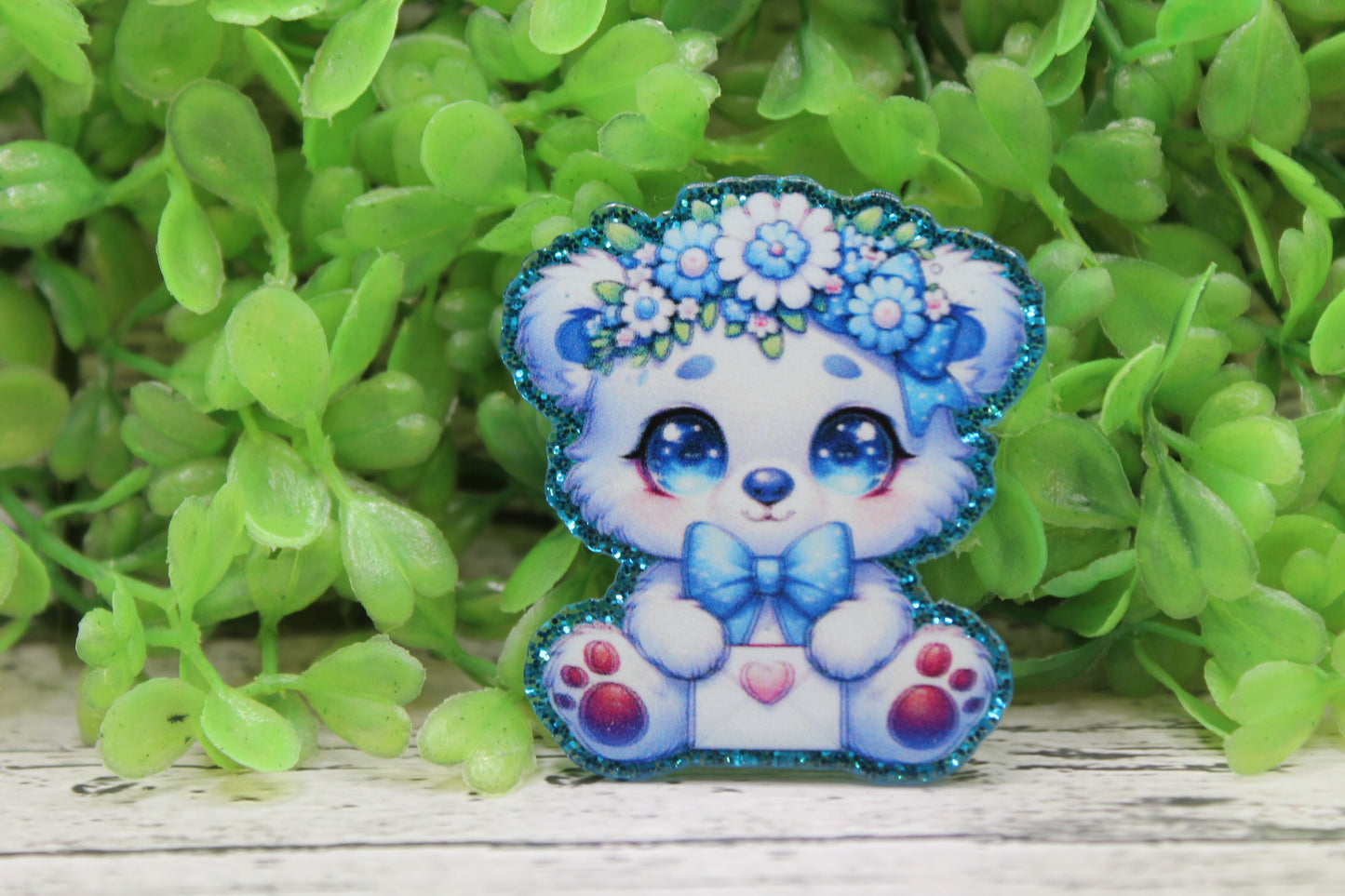 Floral Crown White Bear Badge Reel