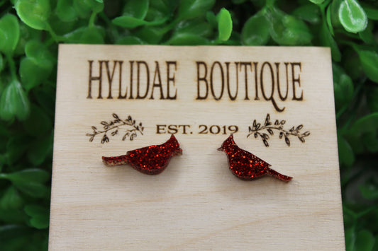 Red Glitter Cardinals Stud Earrings