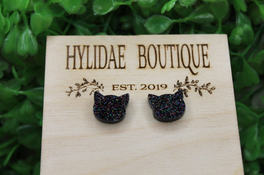 Black Glitter Cat Faces Stud Earrings