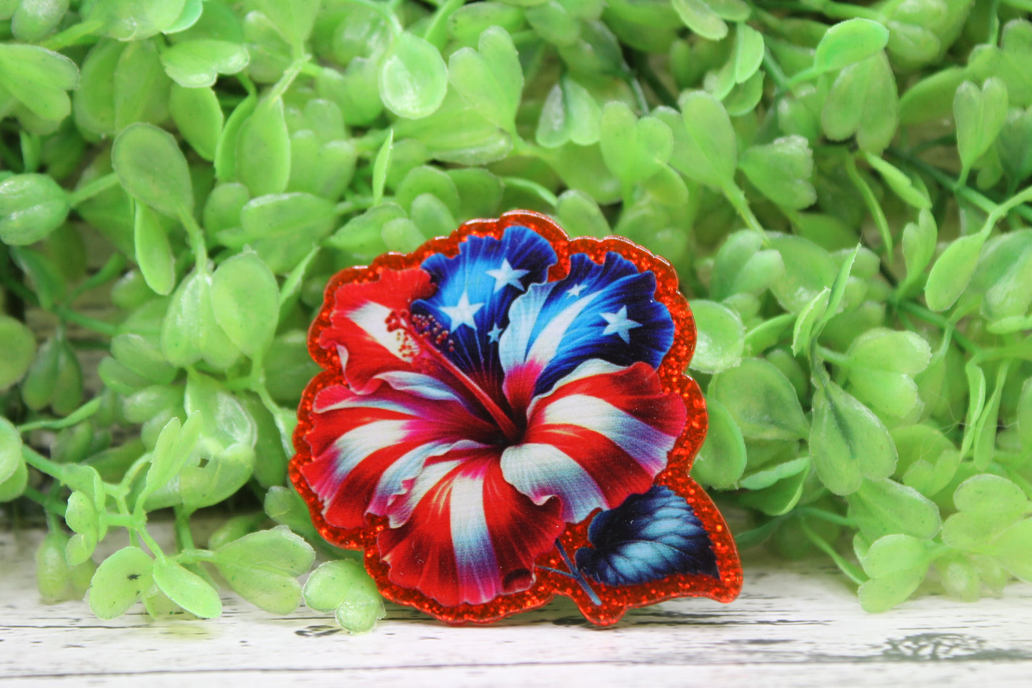 American Flag Hibiscus Flower Badge Reel