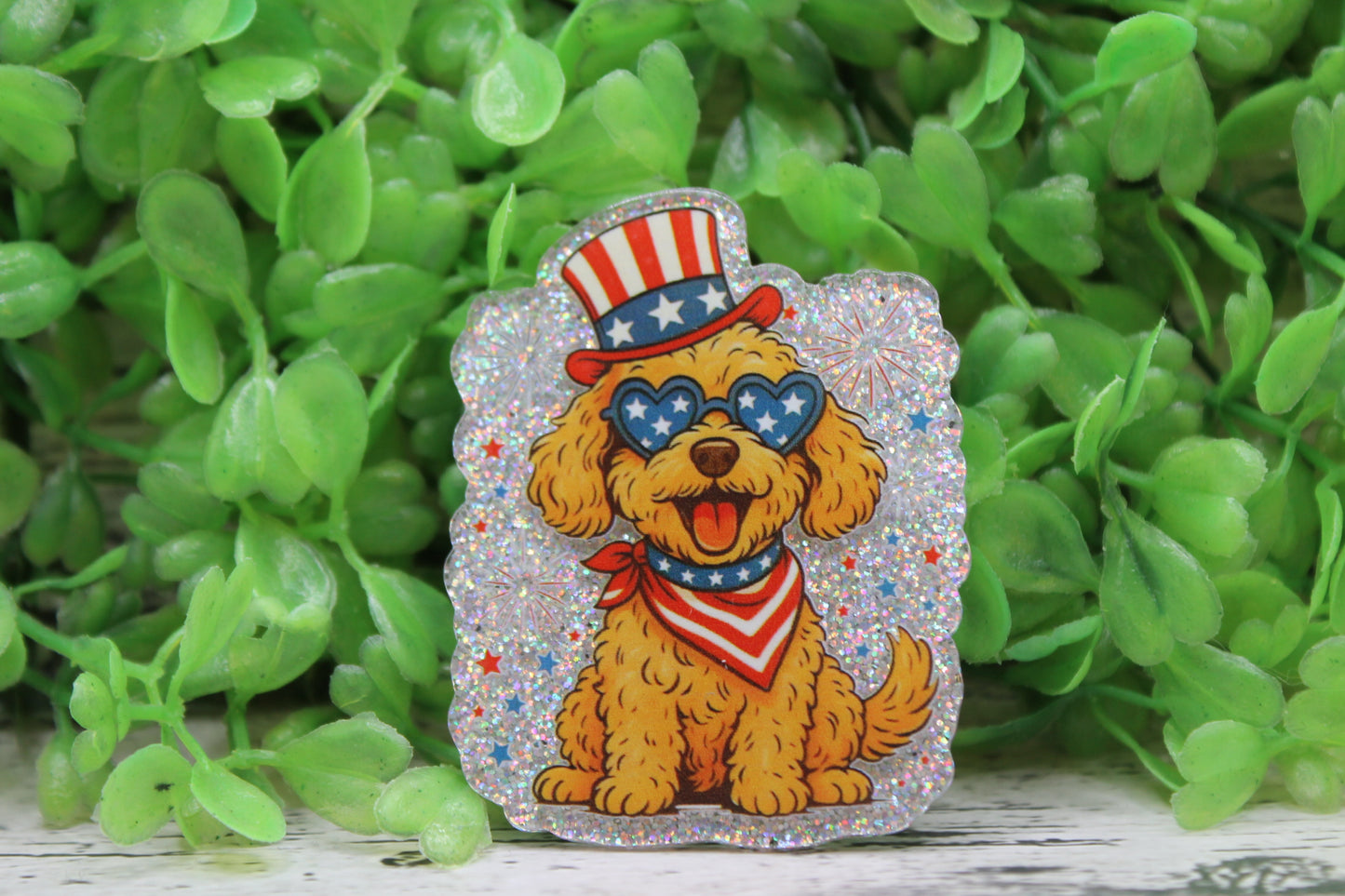 American Flag Dog with Sunglasses Badge Reel