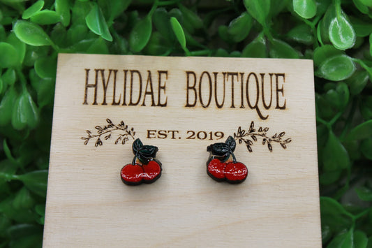 Red Cherries Wood Stud Earrings