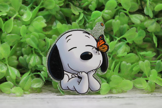 Butterfly and White Dog Badge Reel