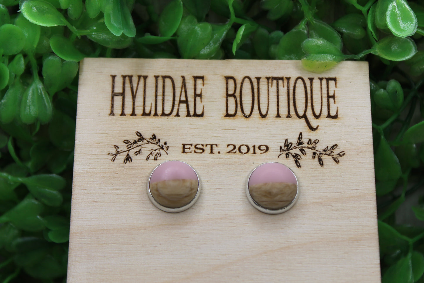 Pink and Faux Wood Dome Stud Earrings