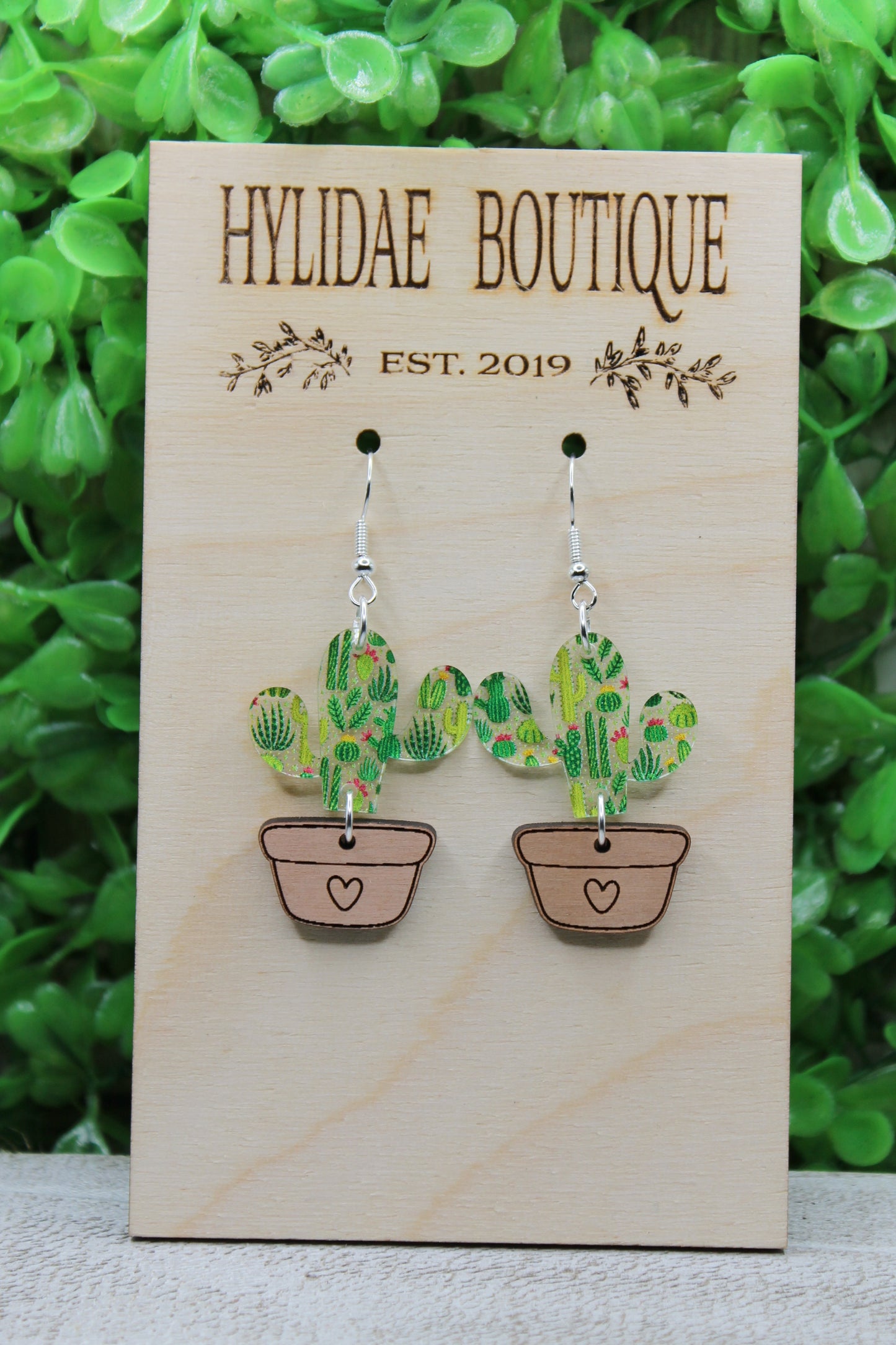 Cactus in Heart Planter Dangle Earrings