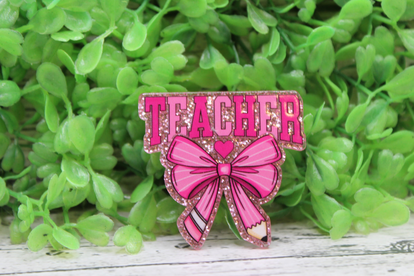 TEACHER Pink Pencil Bow Badge Reel