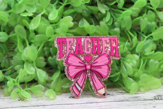 TEACHER Pink Pencil Bow Badge Reel