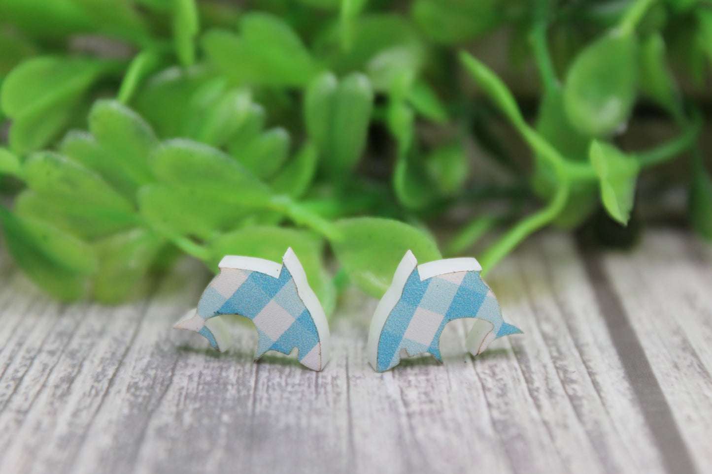 Blue Plaid Sharks Stud Earrings