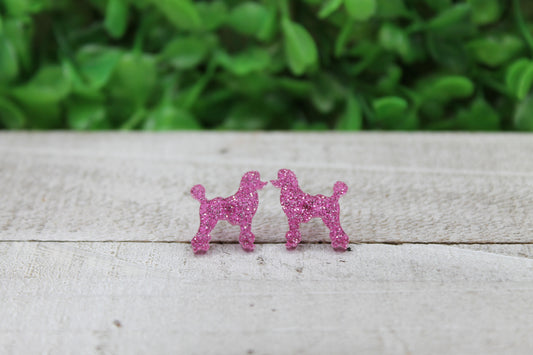 Pink Glitter Poodle Stud Earrings