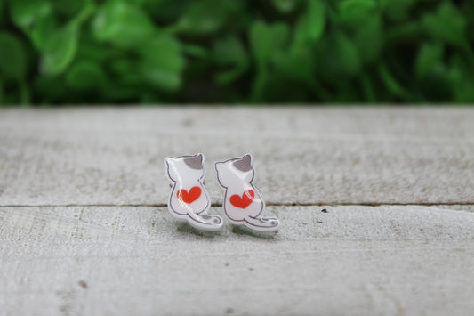 White Cat with Red Heart Stud Earrings