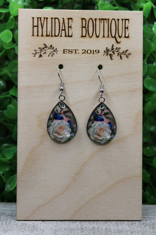 Rose & Blue Birds Teardrop Dangle Earrings