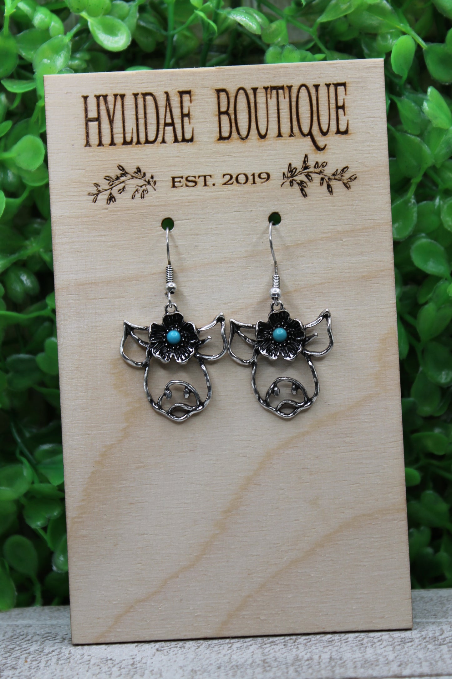 Pig with Faux Turquoise Flower Dangle Earrings