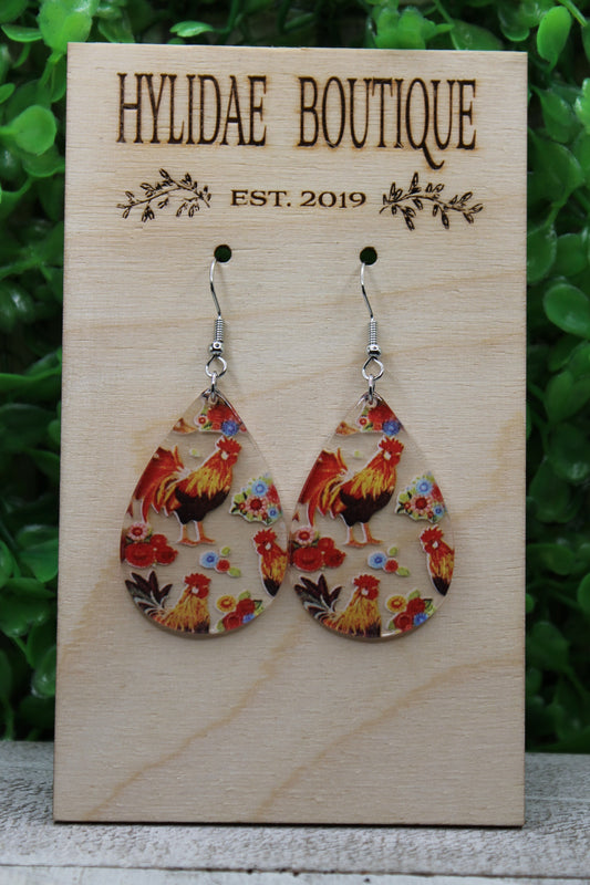 Floral Rooster Teardrop Dangle Earrings