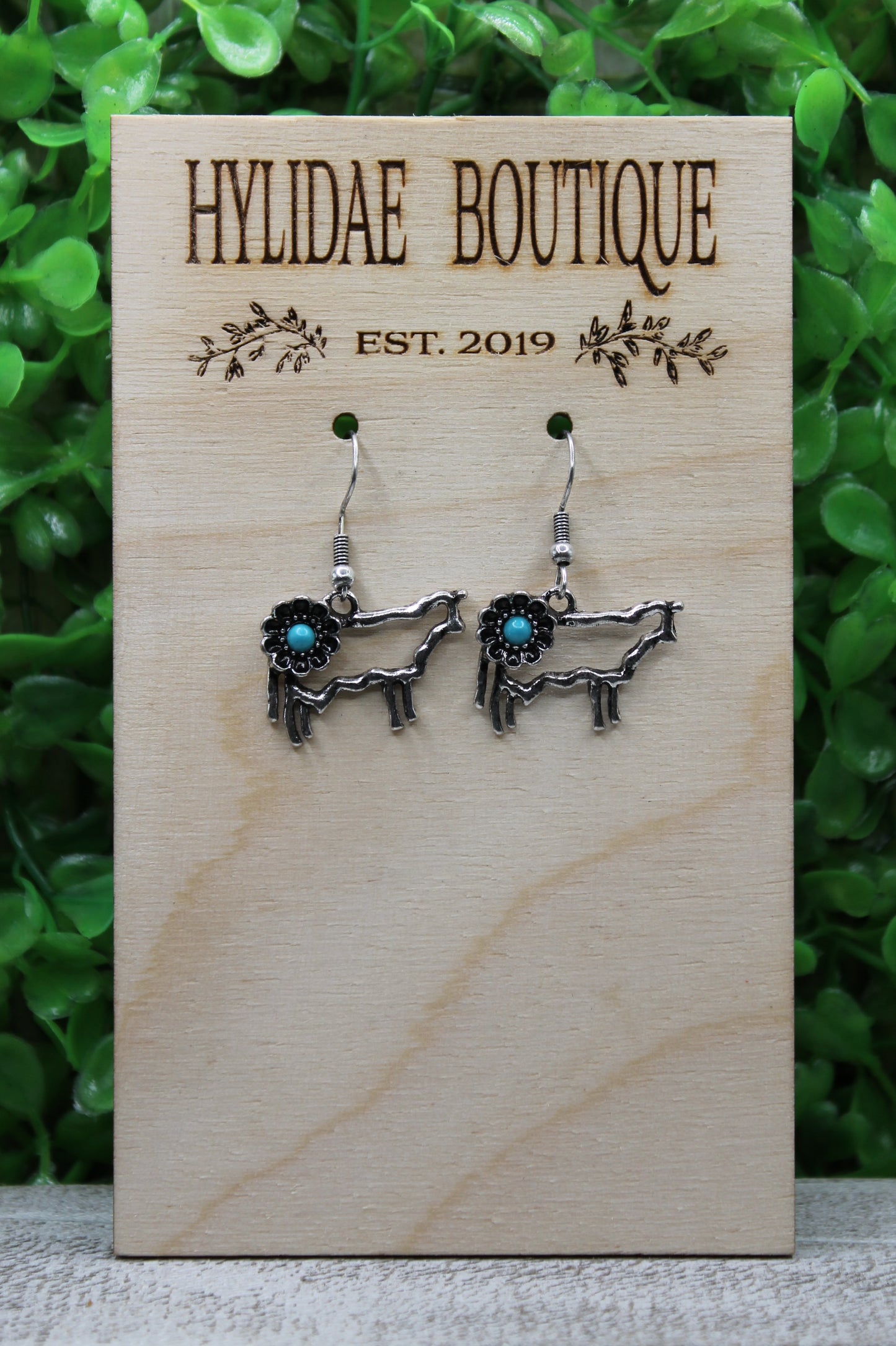 Cow with Faux Turquoise Flower Dangle Earrings