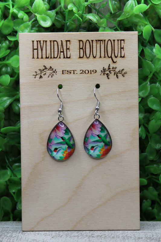 Floral Hummingbird Teardrop Dangle Earrings