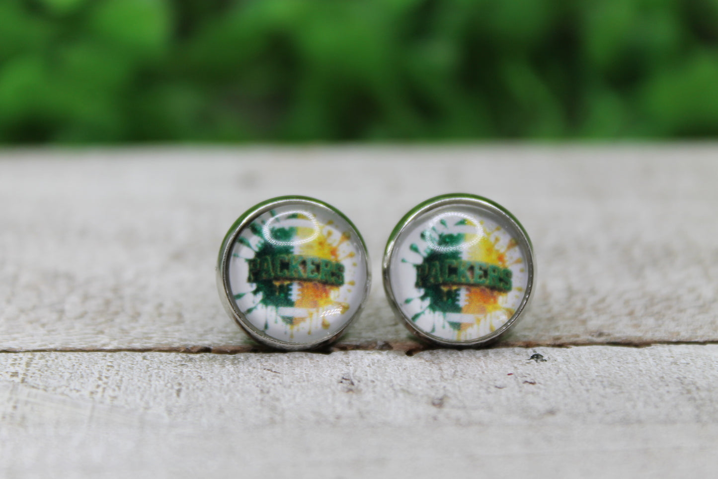 Packers Football Splatter Glass Stud Earrings