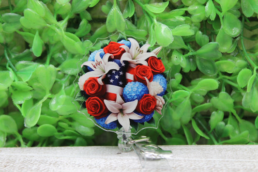 Floral Bouquet & American Flag • Badge/ID Holder with Clip