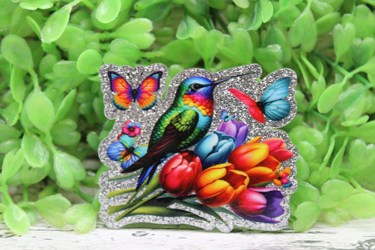 Humming Bird and Flowers Badge Reel