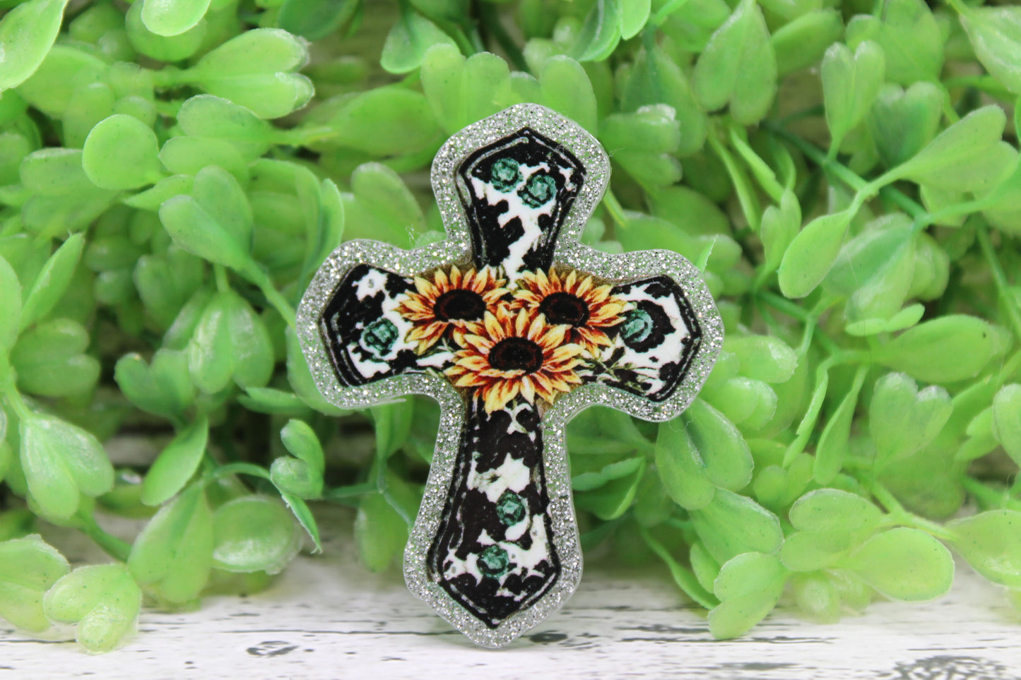 Cow Turquoise and Sunflower Sunflower Cross Badge Reel
