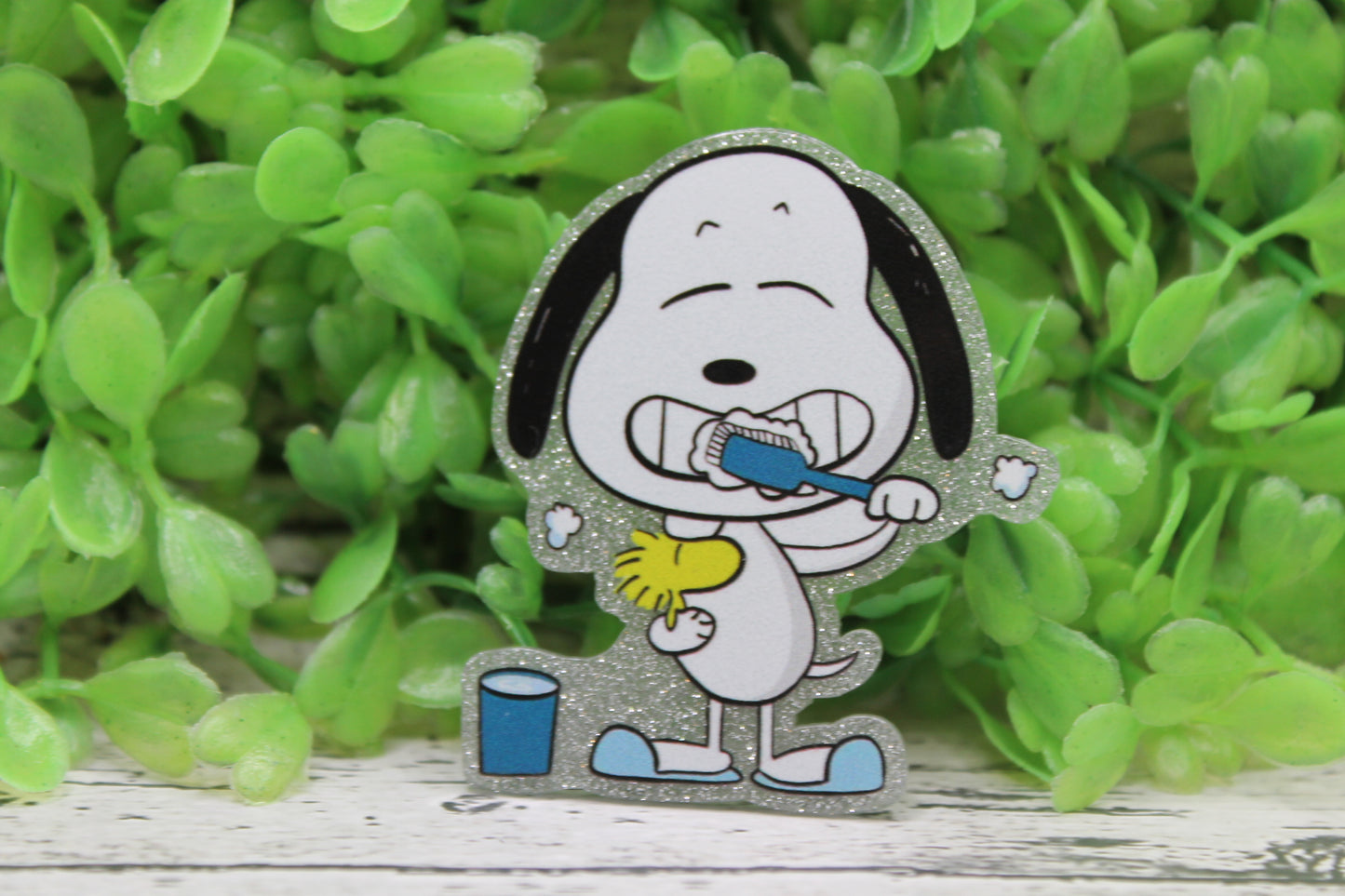 White Dog Brushing Teeth Badge Reel