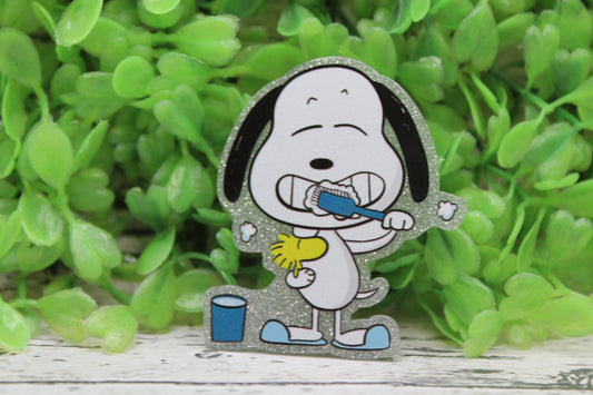 White Dog Brushing Teeth Badge Reel