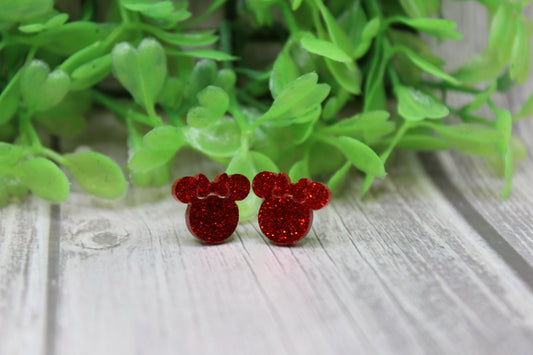 Red Glitter with Bow Stud Earrings