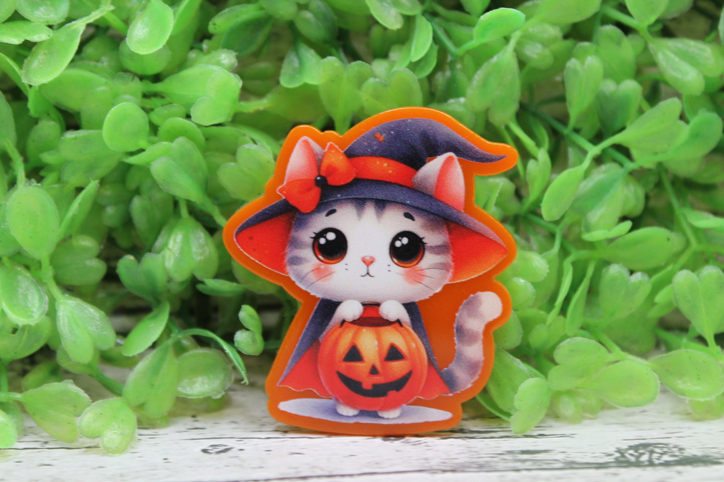 Cat in Witch Hat with Treat Bucket Badge Reel