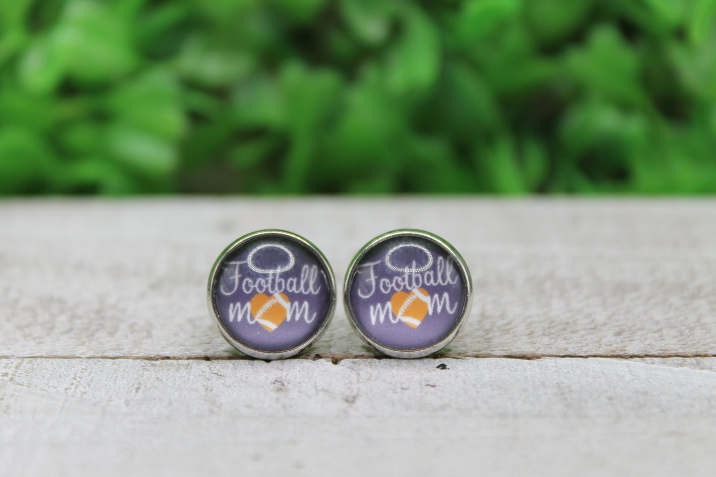 Football Mom on Black 12mm Glass Stud Earrings