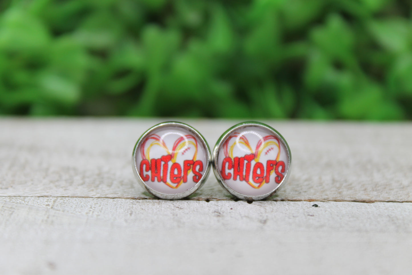 KC Chiefs Doodle Heart 12mm Glass Stud Earrings