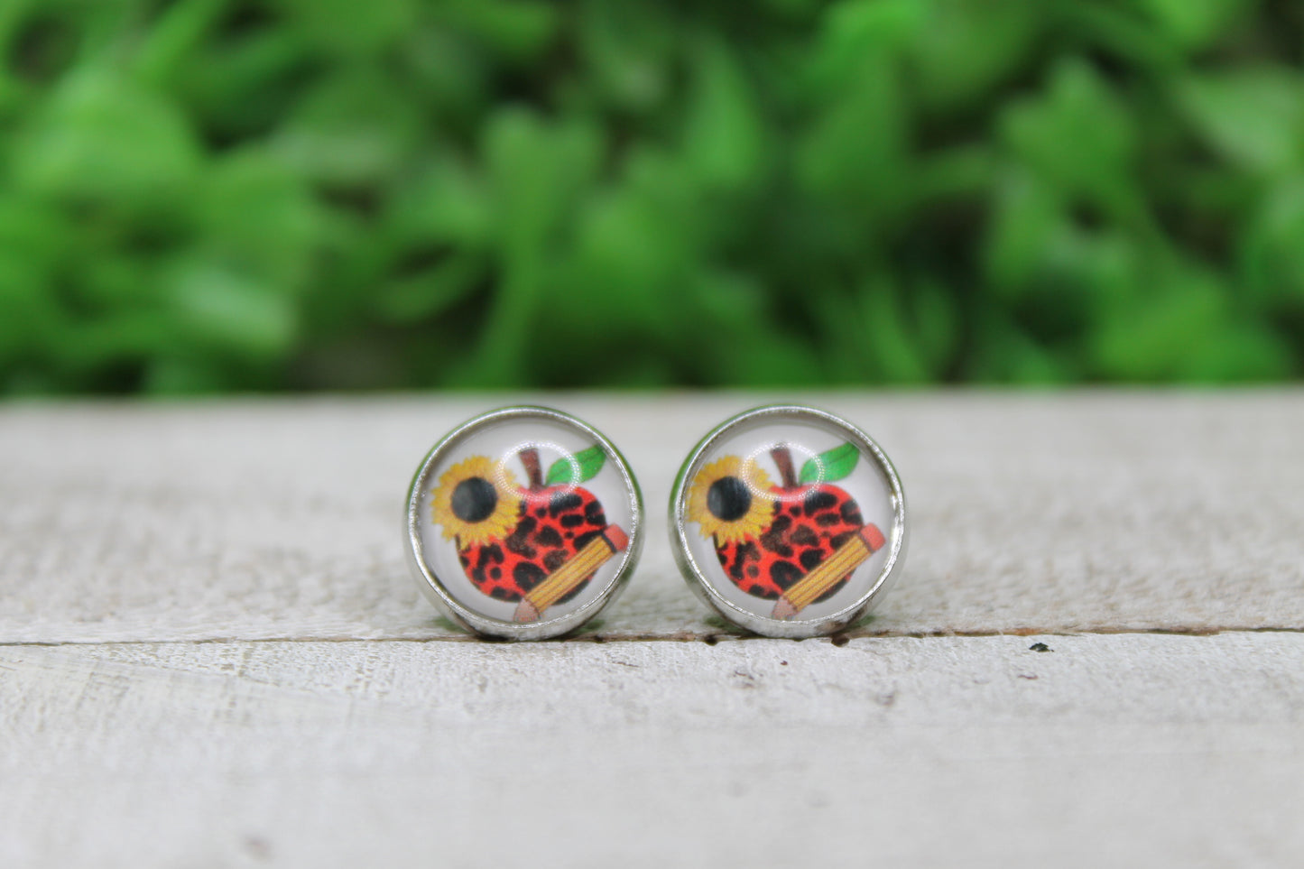 Red Leopard Apple with Sunflower & Pencil 12mm Glass Stud Earrings