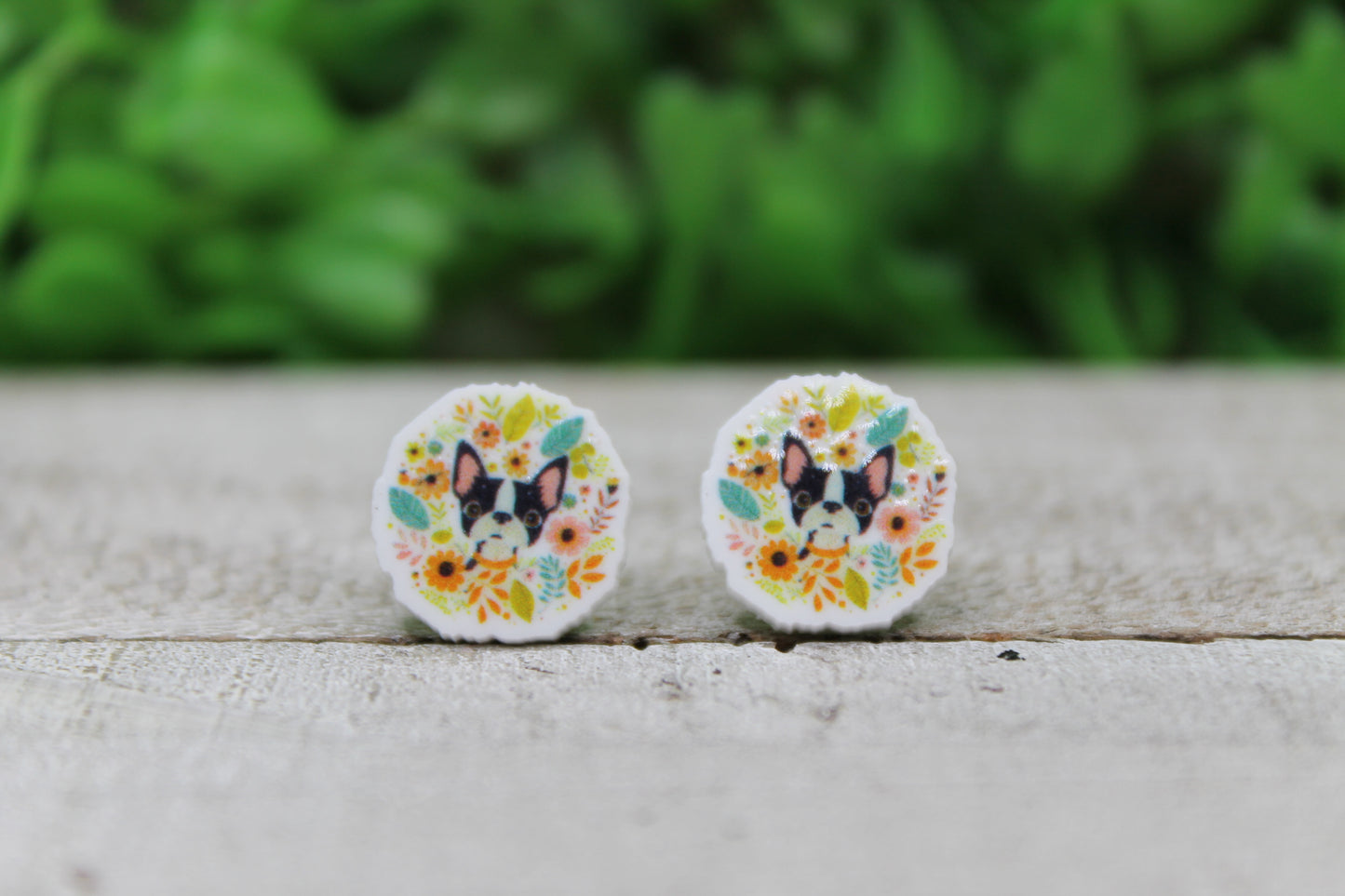 Floral Boston Terrier Stud Earrings