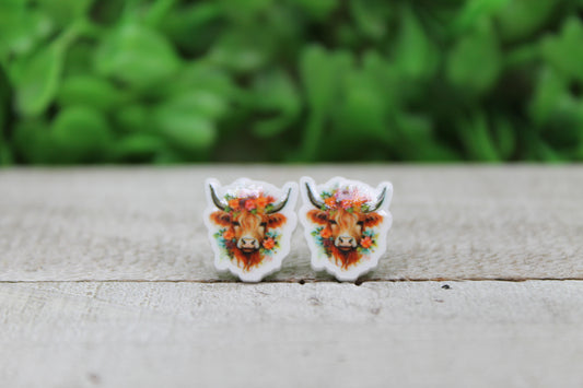 Floral Highland Cow Stud Earrings