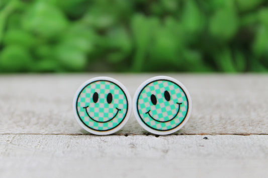 Green Checkered Smiley Stud Earrings