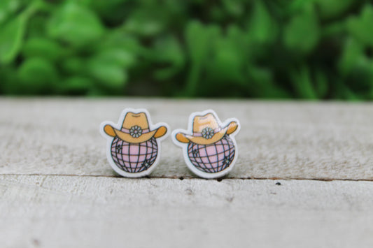 Western Hat Disco Ball Let's Go Girls Stud Earrings