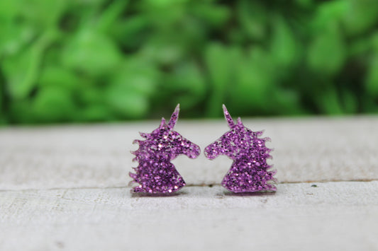 Purple Glitter Unicorns Stud Earrings