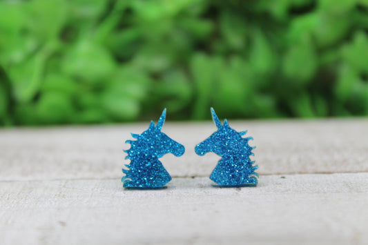 Blue Glitter Unicorns Stud Earrings